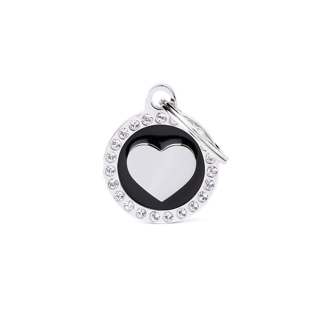 Placa para mascota - Glam "Corazon Círculo Negro con Brillantes"